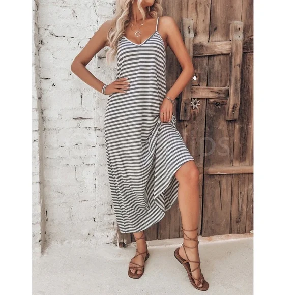 Loose Fitting Striped Cami Dress Maxi Long Flared V-Neck White Grey - Picture 4 of 9